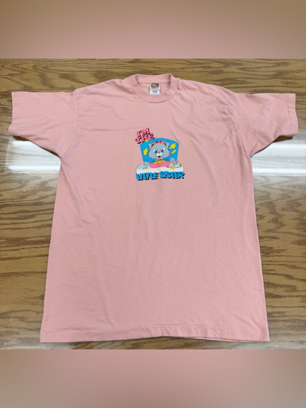 90s Single Stitch Fruit Of The Loom Pink Cat “I’m The Little Sister” Shirt XXL